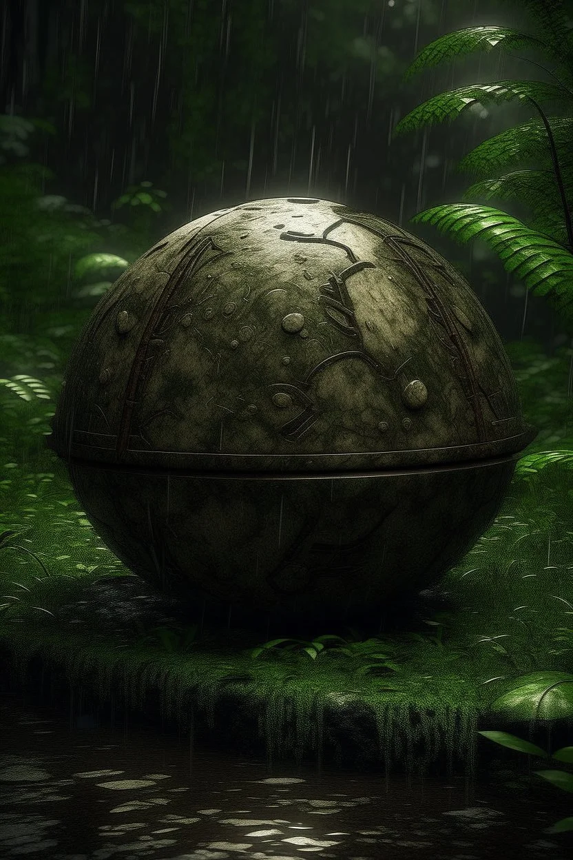 A mysterious small old stone sphere with small windows in a dark and tranquil bosque with much flora and rain