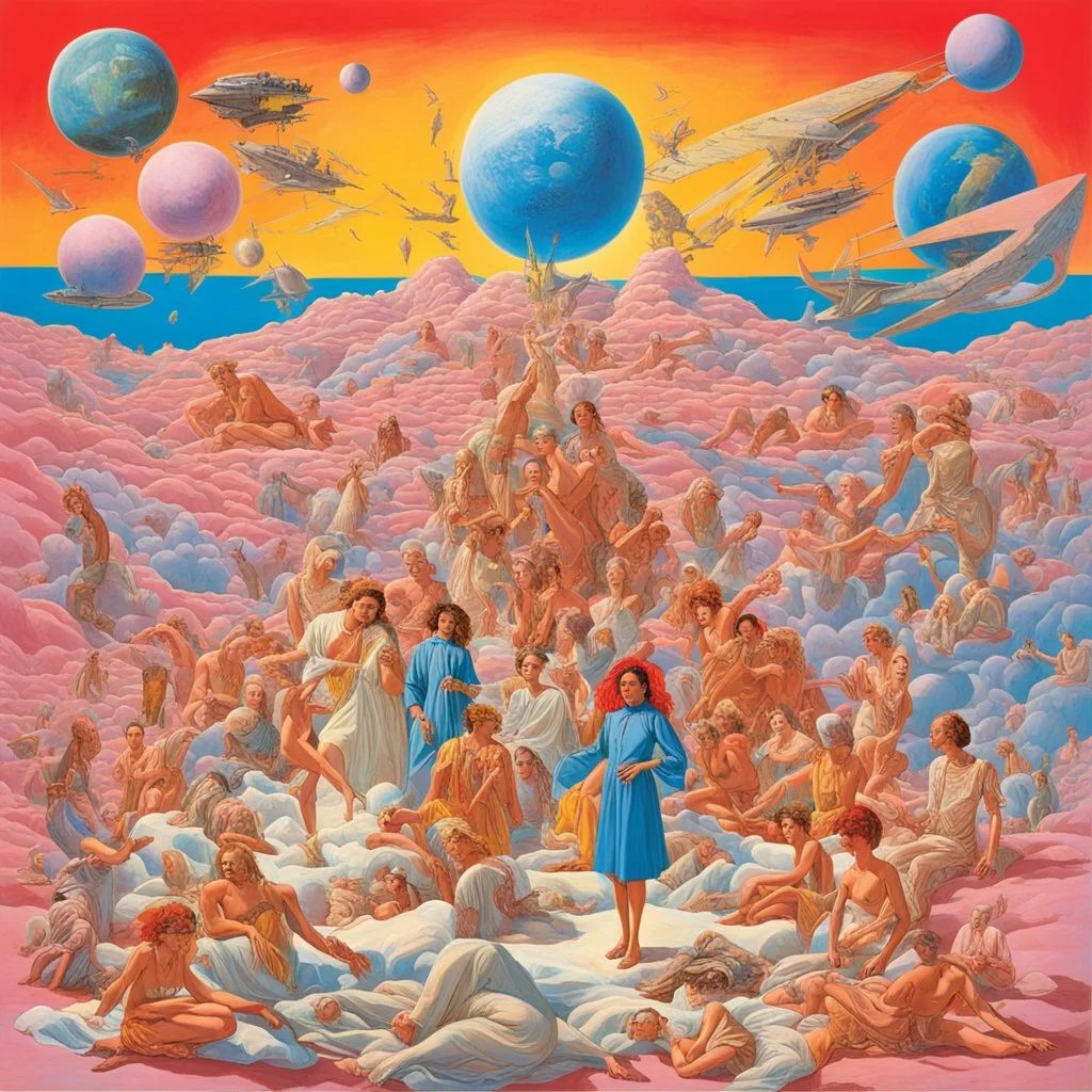 Sweet dreams are made of these, who am i to disagree, travel the world and the seven seas everybody lookin' for something, by the Eurhythmics, album art by Ton Jung, surrealism, maximalist synth-pop dreamscape, primary color melody, stunning sharp dramatic artistic composition.