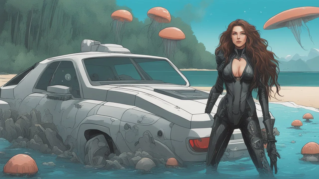 A Long-Haired Woman In A Robotic-Looking Catsuit Standing On A Beach, With Flying Mushrooms with Jellyfish Tentacles, and a crashed Spaceship lying in the water, and a Forest in the distance