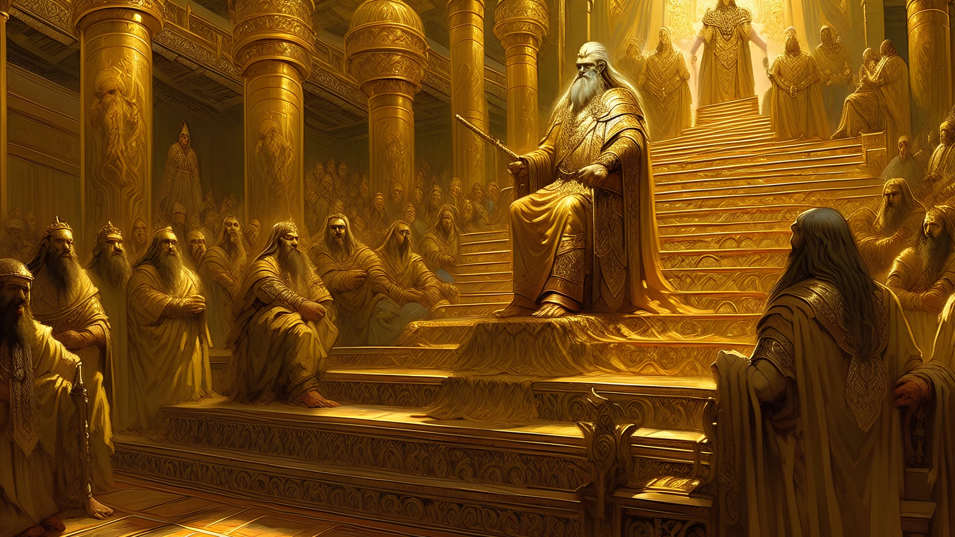 In a huge royal hall, at the top of a gigantic staircase, a mighty long-haired king sits on a throne, in his hand a long rod with golden patterns from which radiance emanates. Above his head is the inscription TREND. Just below sit mighty men in beautiful clothes and above them is the inscription LEVELS. Even lower down the stairs there are people sitting, some of them in red clothes and other people in green, on these people there is an inscription CANDLES. Cinematic lighting, epic composition,