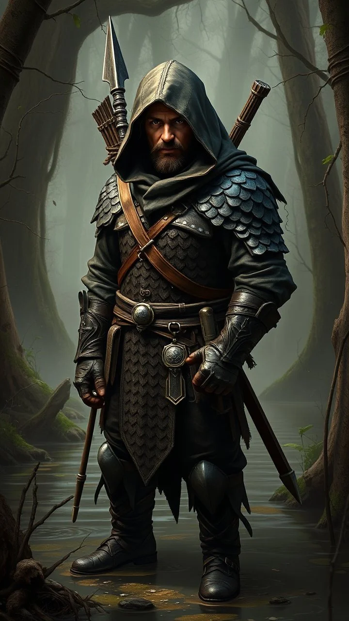 create a middle-aged hooded man, large size 2 meters for Dungeons and Dragons, light brown skin, with dark hair, dark green eyes, wearing scale armor a bow behind and a light spear a traveling boots in a hanted swamp, realistic, digital art, high resolution, powerful lighting