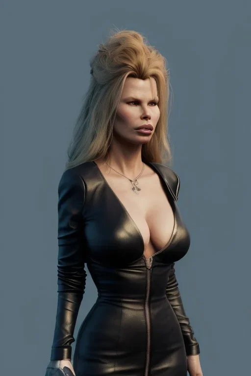 Kim Basinger in black leather gown, evil, villain, busty, cleavage, curvy, angry, happy, stern look. character design by cory loftis, fenghua zhong, ryohei hase, ismail inceoglu and ruan jia. unreal engine 5, artistic lighting, highly detailed, photorealistic, fantasy