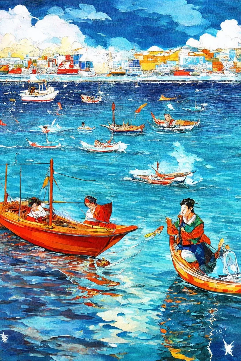 on the boat on a long journey, japanese modern pop art