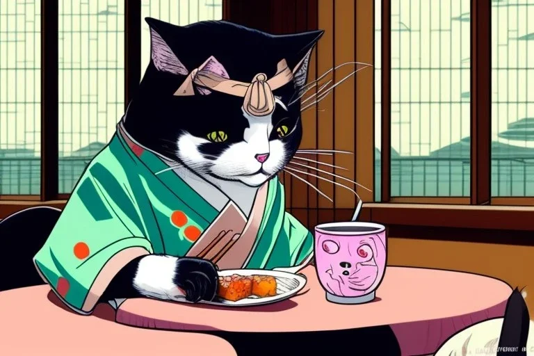 A cat wearing clothes is sitting at a table eating sushi. Manga style. Perfect iris. Paws