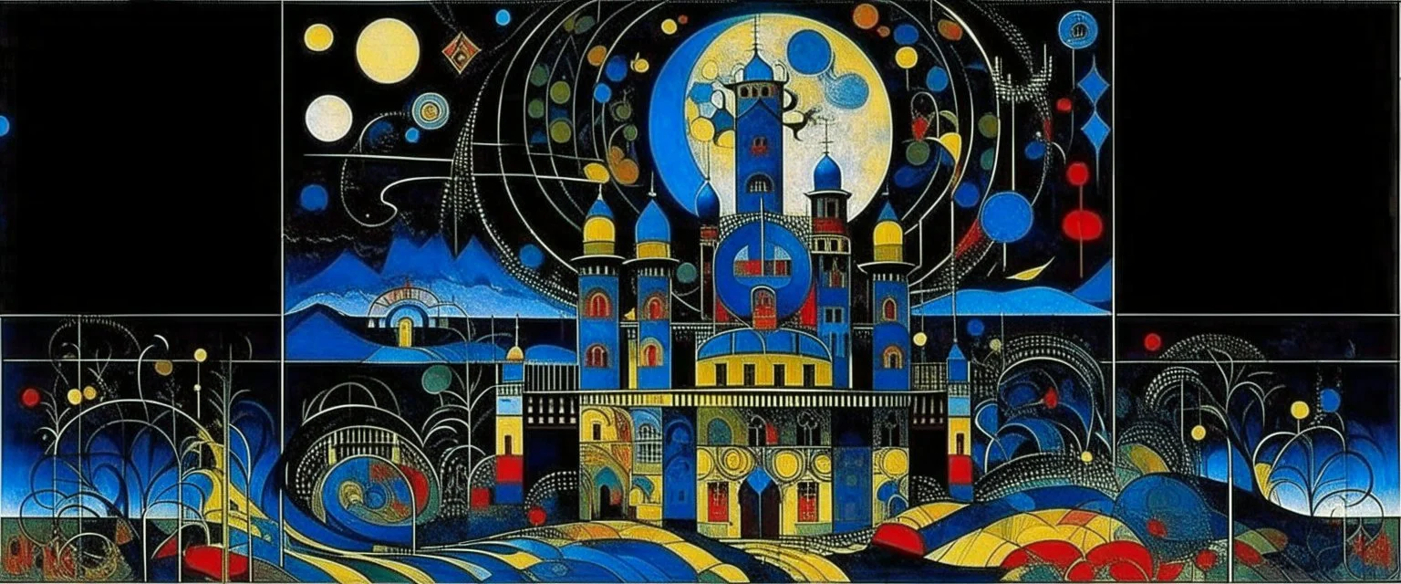 A blackish blue Arabian palace with the moon painted by Wassily Kandinsky