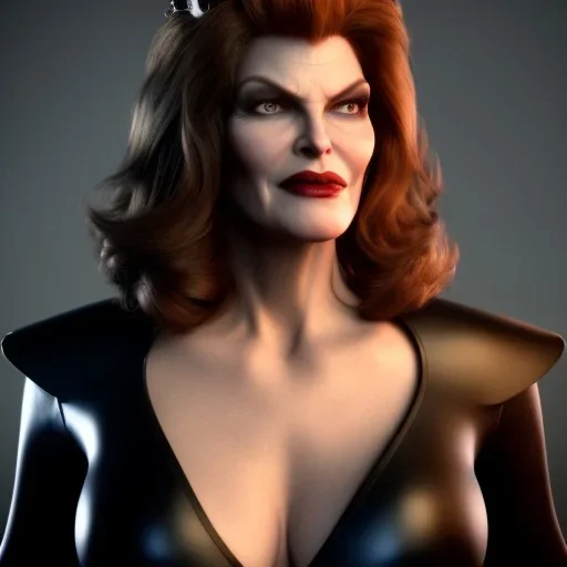 Rene Russo as evil queen in black leather, busty, cleavage, angry, stern look. character design by cory loftis. unreal engine 5, artistic lighting, highly detailed, photorealistic, fantasy