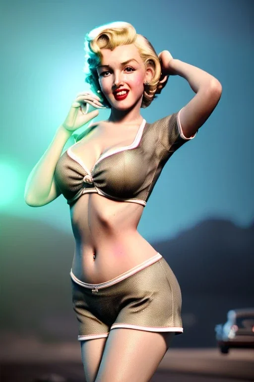 Ultra Realistic image, retro pinup, portrait, blonde woman, sweet Marylin Monroe face, perfect iris, glow eyes. skater waitress suit. soft color, highly detailed, unreal engine 5, ray tracing, RTX, lumen lighting, ultra detail, volumetric lighting, 3d, finely drawn, high definition, high resolution.