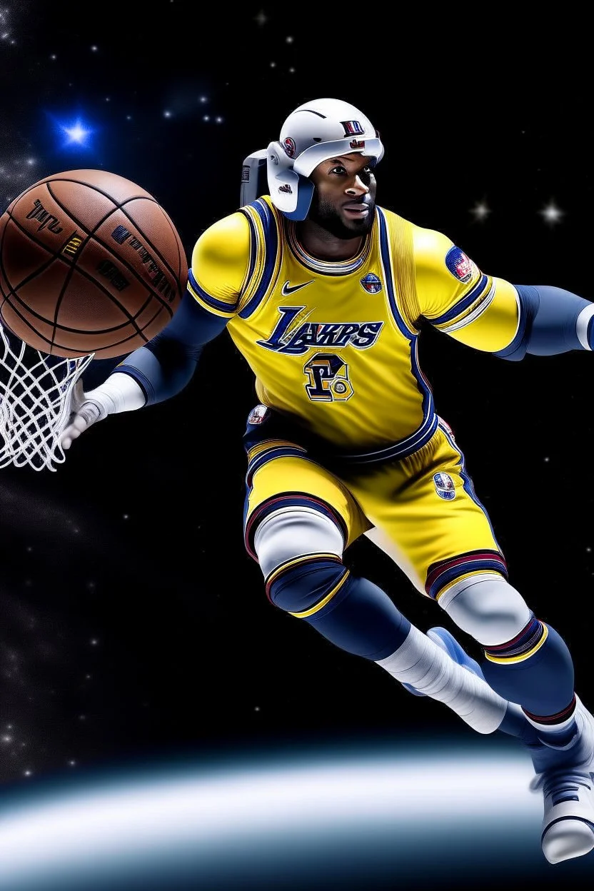 lebron james in space with steph curry and a basketball dunking