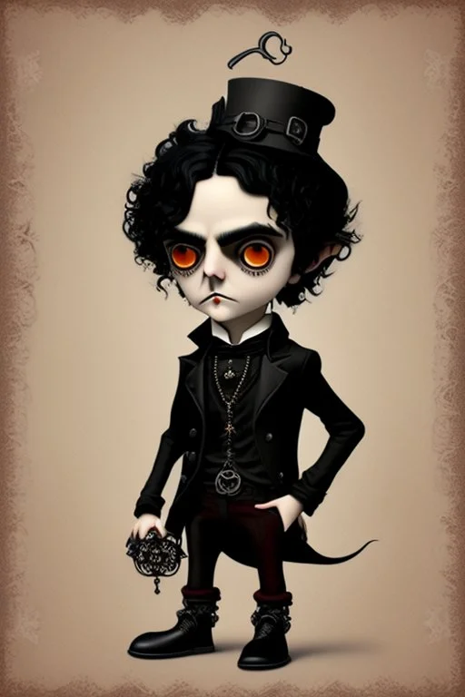 black haired black eyed young man necromancer steampunk goth Gnome that looks like a young Edgar Allan Poe with gothic jewelry in the style of Charles Addams