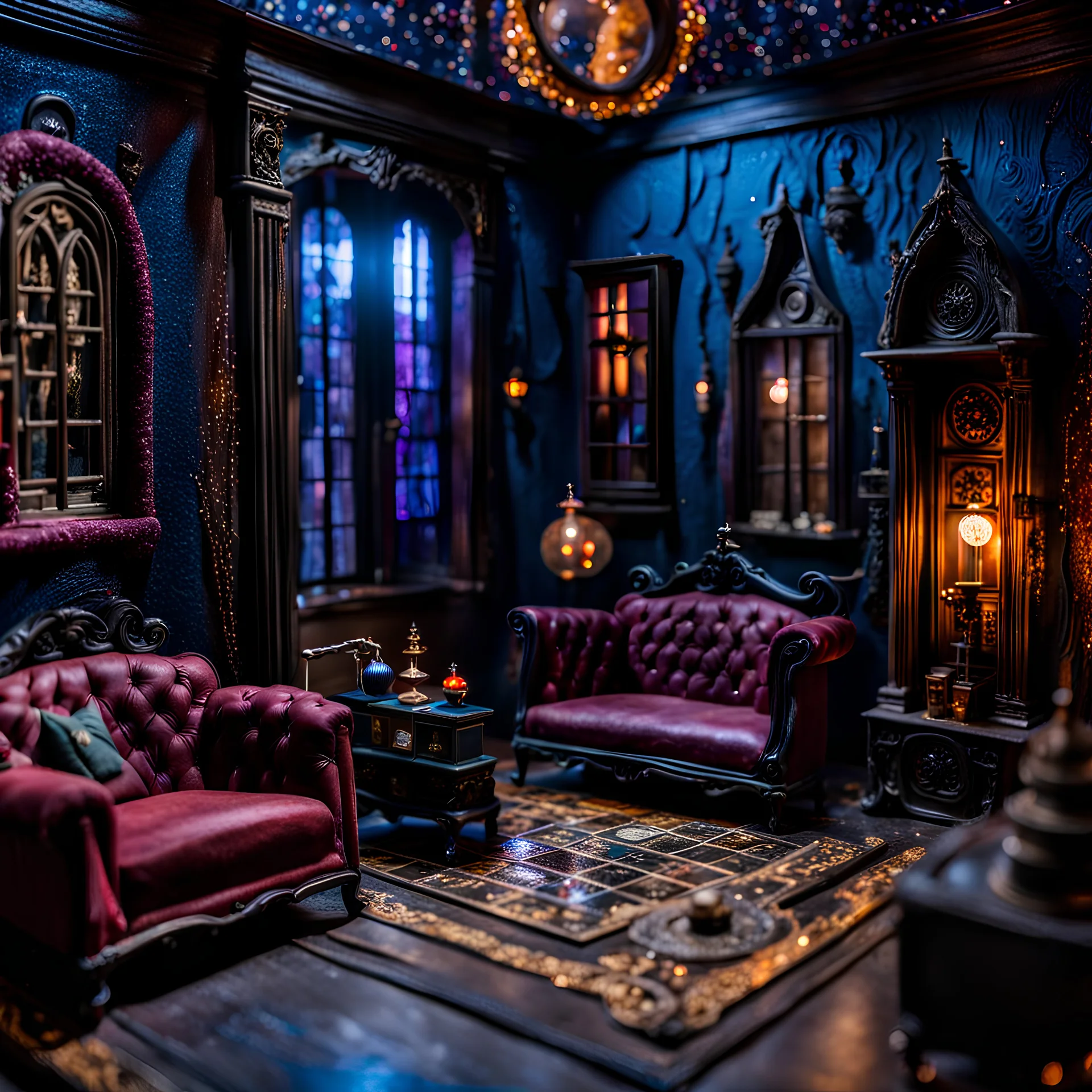 Detailed creepy living-room made of modeling clay, haunted, Harry Potter, very accentuated details, Tim Burton, strong texture, extreme detail, Max Ernst, decal, rich moody colors, sparkles, René Magritte, bokeh, odd