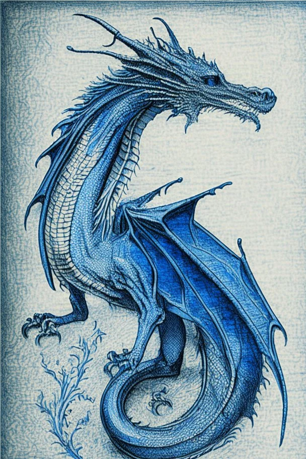 Etching of a blue dragon