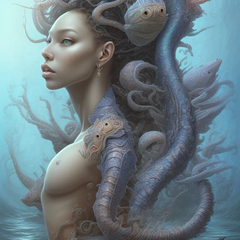 sango fantasy, fantasy magic, intricate, sharp focus, illustration, highly detailed, digital painting, concept art, matte, artgerm and paul lewin and kehinde wiley, masterpiece sexy lips Hawaiian afro lips black African lady body mermaid lionfish head blue space lady beach sea under water mermaid seaweed