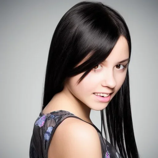 teenage girl with black hair, fair skin, blue eyes, wide hips.