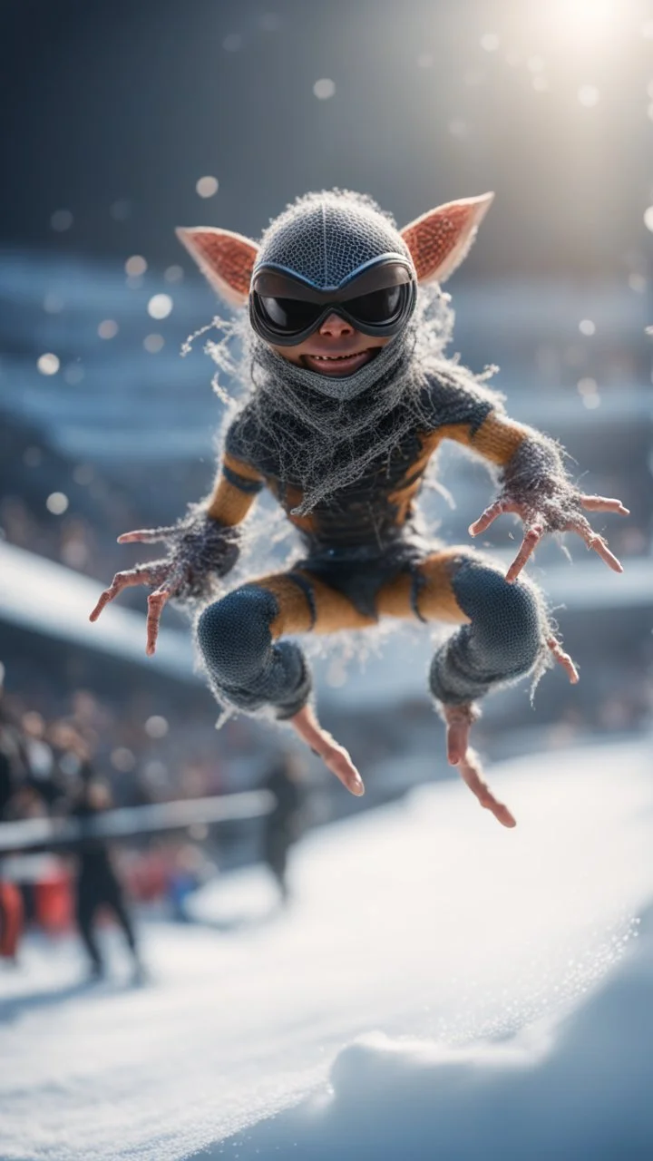 flying ninja spider god gremlin alien pimp caught frozen in net in ski jump arena, bokeh like f/0.8, tilt-shift lens 8k, high detail, smooth render, down-light, unreal engine, prize winning