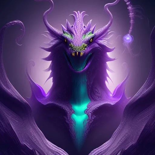 purple mythical creature in galaxy, teal and purple smoke, detailed, realistic, 4k