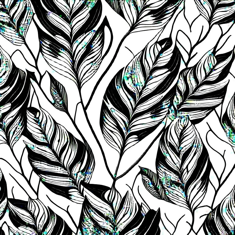 black and white banana leafs wallpaper pattern in vector lines, same line weight