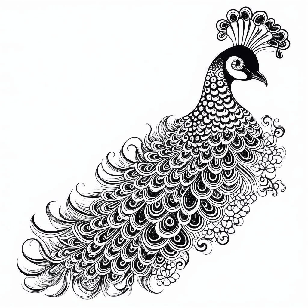 white, A peacock decoration, line art, white background, outline, with images neatly contained within the background, just black and white color, full body, no color. Looking front , front view, 8k, tatto style