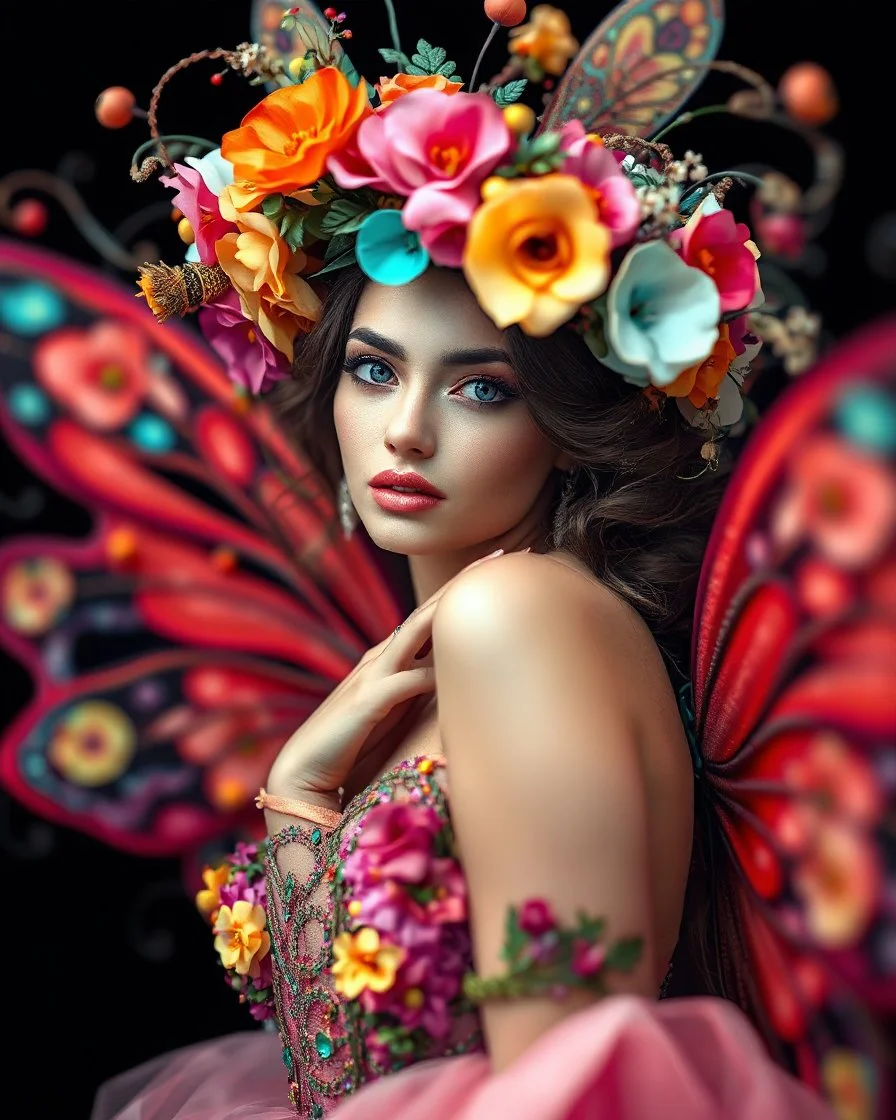 Gorgeous Luxurious Realistic Photography Camera Lens soft blur Pretty European Supermodel as Beautiful Butterfly Lady, a stunning beautiful woman adorned in vibrant carnival attire, ethereal beauty, black background, with swirling colors and fantastical tiny flowers, enchantment and grace, twisted vines, whimsical, surreal landscapes, emotive style, dreamlike quality, and magical realism, carnival red, ethereal pink, whimsical blue, vibrant green, celestial purple, golden amber, and shimmering