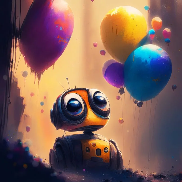 Wall-E, digital art, anime, 4k, full details, high resolution, colorful, alone, balloons, cinematic