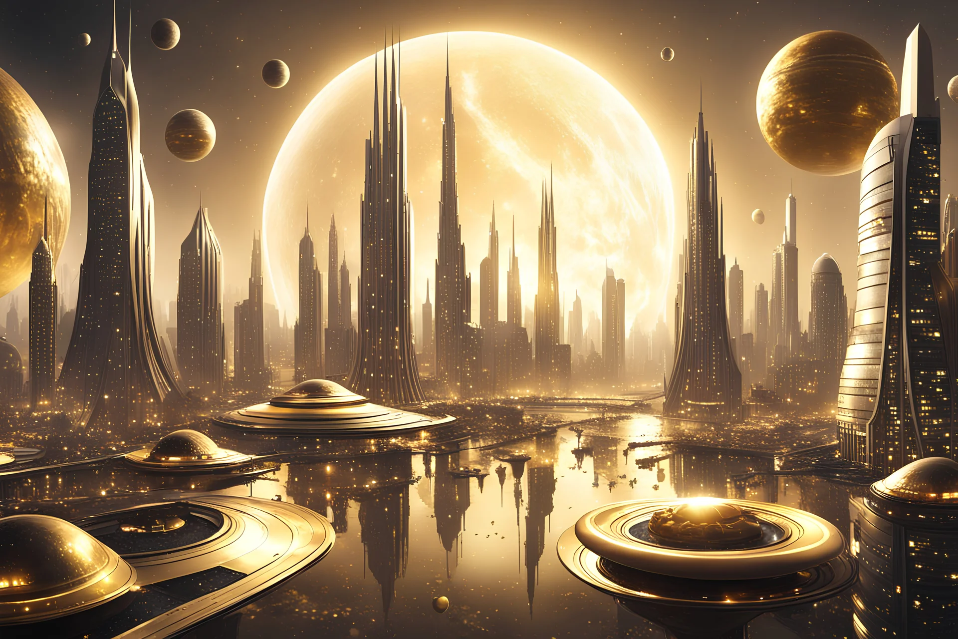 Città del futuro dorata con grattacieli altissimi di platino, atmosfera piena di luce ,cielo con pianeti e dischi volanti d'oro.