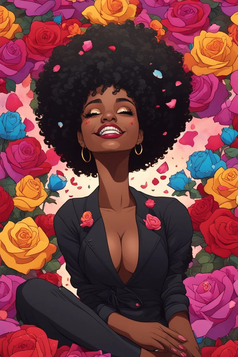 A sassy pop punk art cartoon of a black female lounging lazily on her side, surrounded by colorful roses flower petals. Looking up coyly, she grins widely, showing teeth. Highly detailed black afro , regal expression.