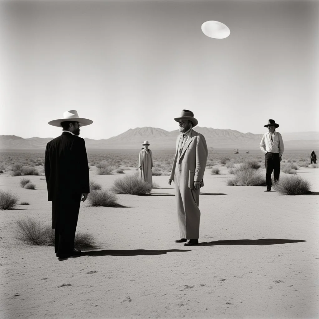 Archival photograph of aliens landing at Area 51 and meeting Orson Welles in jaunty desert garb