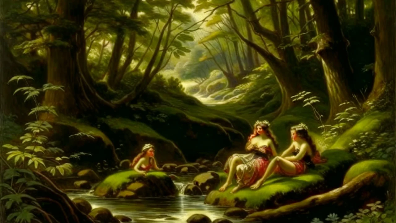 Nymphs sitting next to a stream, in a woodland clearing