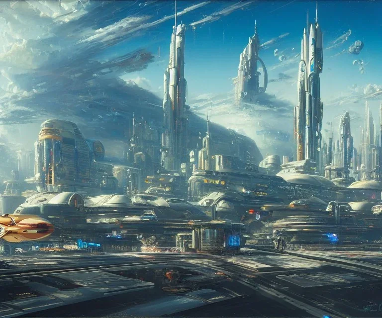 Art by John berkey, Spaceport on a heavy industrialized planet with a futuristic city in the background and a docked spaceship in the foreground, retrofuturistic, buildings with glass facades, insanely detailed, vibrant, 8k uhd, cinematic atmosphere, ultra-wide angle, street level view, brush strokes, blue sky with clouds, sharp focus