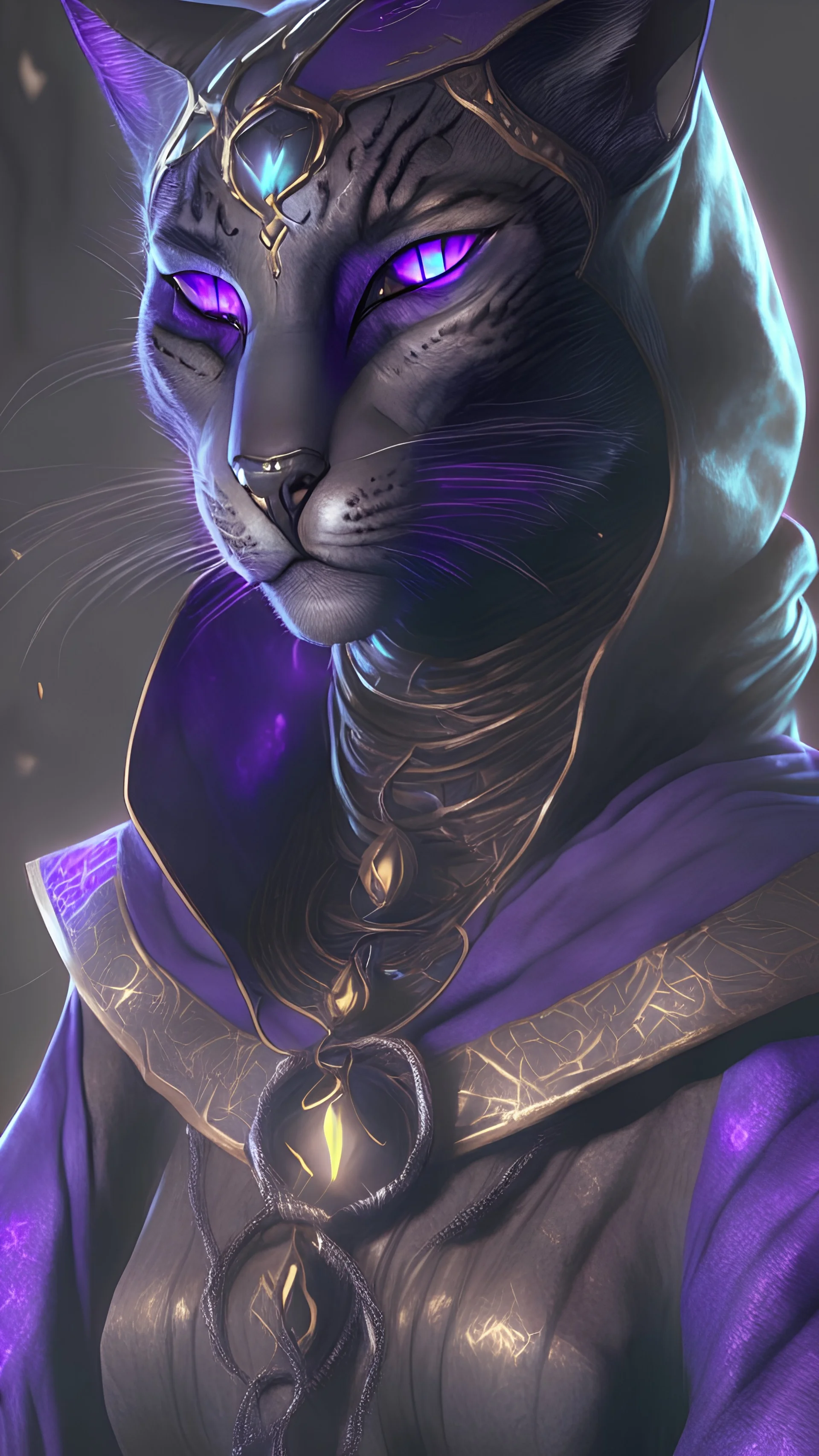 photorealistic female tabaxi black jaguar sorcerer, glowing eyes, hyperdetailed painting, black clothes trimmed in purple and silver, 4k resolution concept art, Artgerm, WLOP, Alphonse Mucha, 3d render, octane render, intricately detailed, cinematic, Isometric, Centered hipereallistic cover photo awesome, dark, gritty, realistic mucha, klimt, cinematic, background is nighttime forest scene with mist