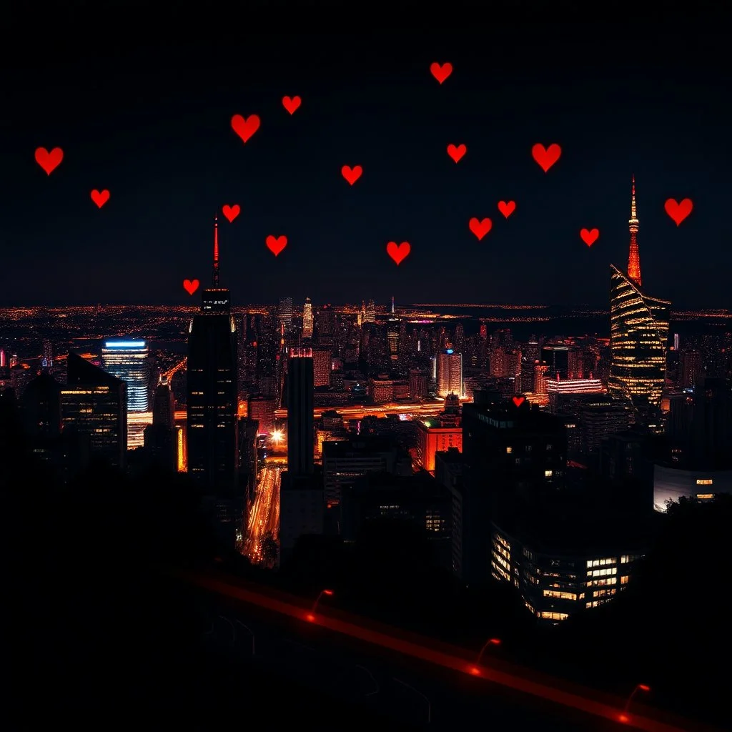 a romantic city view at night, red vibes