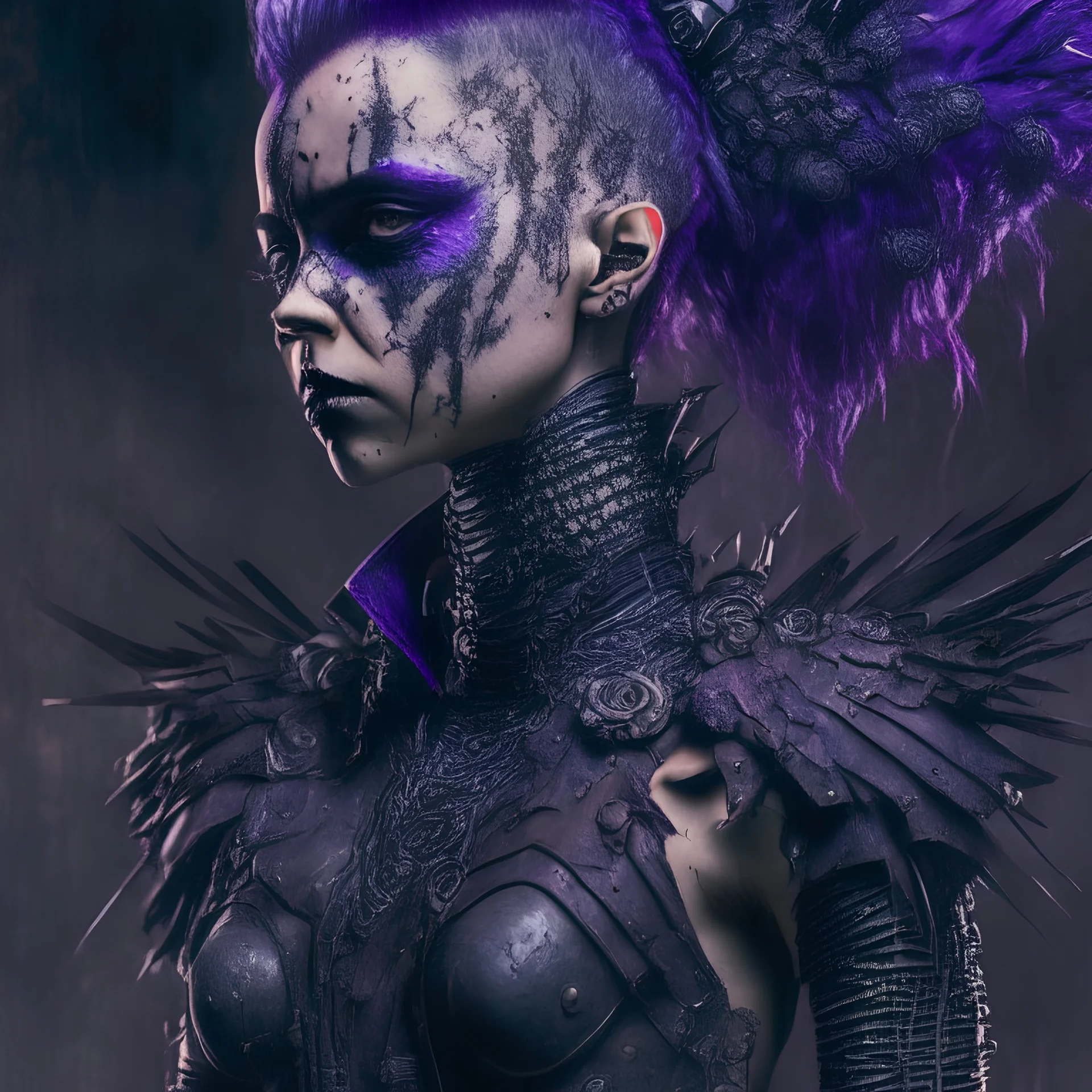 punk girl, renaissance and futurist art, intricately detailed, full body, darkpurple tones, 8k, macro photography,