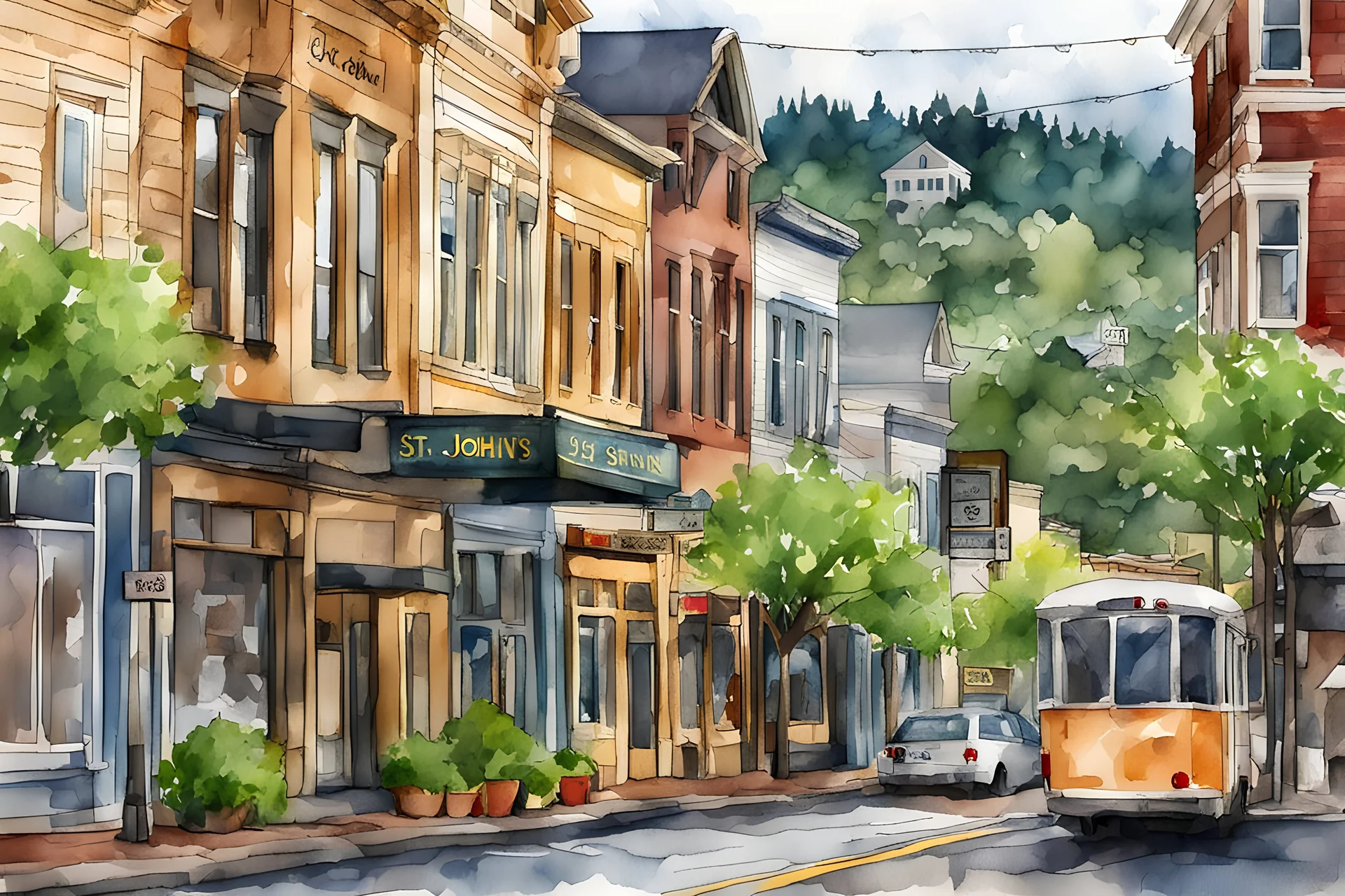 st. john's oregon downtown in an illustrated watercolor painting style