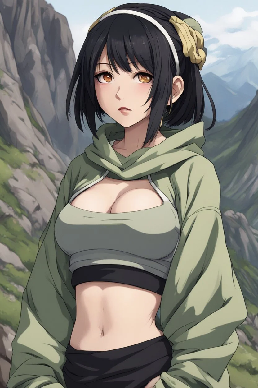 Anime goth, croppedhoodie, underboob, mountainous horizon, 1girl, toph, bangs, black hair, blind, grey eyes, hair between eyes, hair bun, hairband, short hair, cropped hoodie underboob, cropped hoodieunderboobhoodie