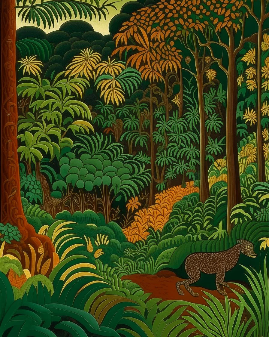 A dark brown wilderness near a rainforest with shrubs designed in Indian Gond art painted by Paul Ranson