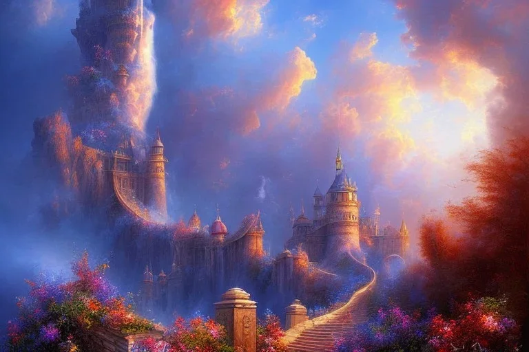 long stairway up to heaven, atmospheric, mystical, beautiful colours, romanticism, fantasy, Neo-Impressionism