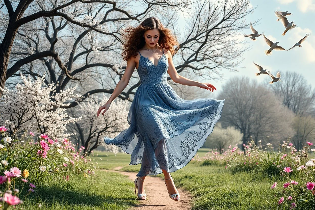 very beautiful lady with makeup curvy hair pretty jeweled lace gray blue dress high heels, full body dancing gracefully in heaven like country side with dreaming trees flowers in a furistic world,birds