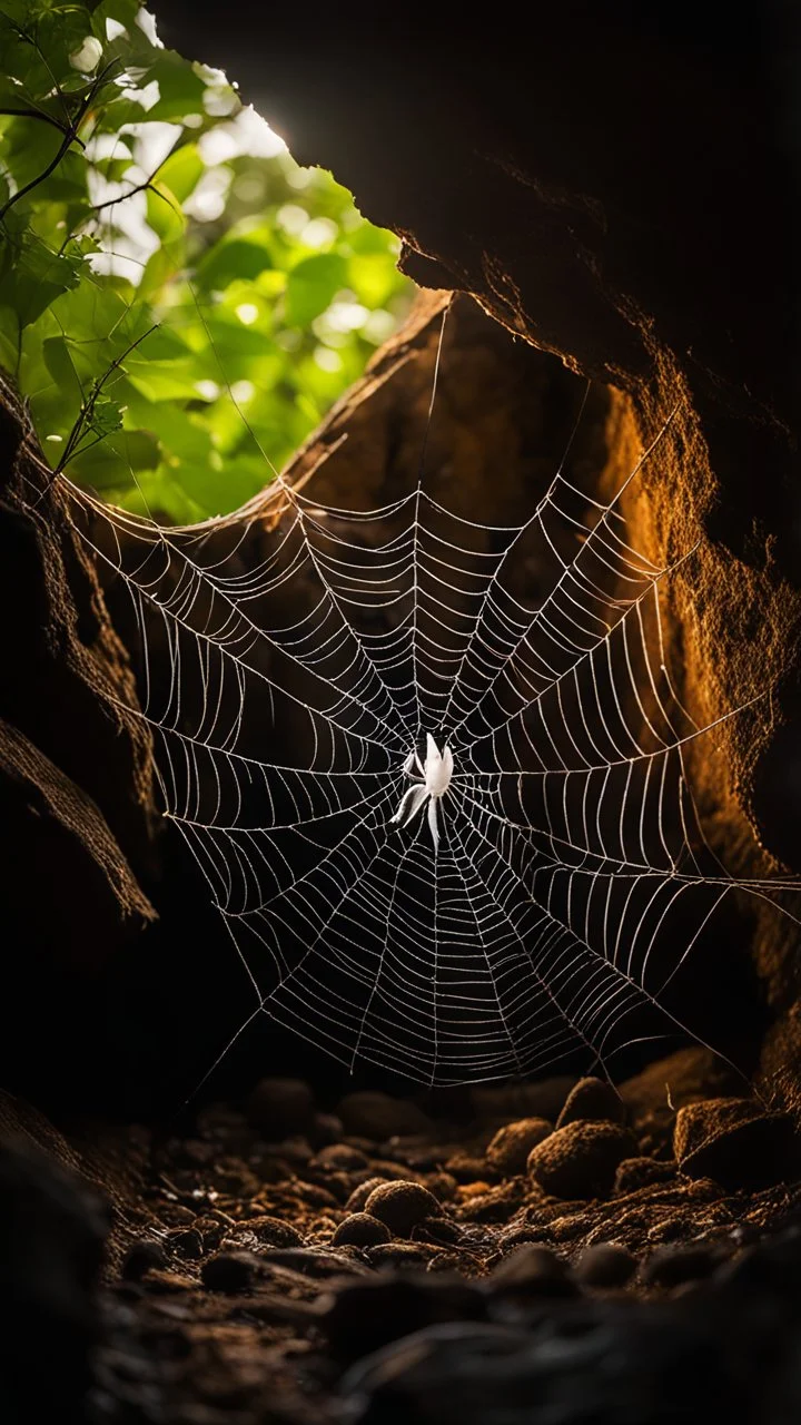 A very fine spider web in front of a dark cave entrance a dove laying in the nest ,unsplash photography, BOKEH shot style of time-lapse photography, fujifilm provia 400x, 100mm lens, luminous shadows, renaissance-inspired , home and garden, wildlife nature photography, HDRI.