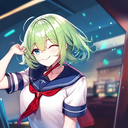 Clear focus, High resolution, short light green hair, blue eyes, wearing a sailor uniform, red tie, wearing a sailor skirt, eyes closed, smiling with mouth open, 1girl, spiky hair