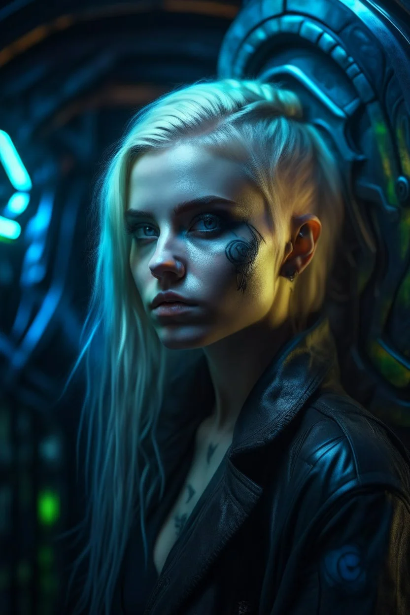 hyper real oil painting on canvass of blonde pierced cyberpunk Malkavian vampire portrait with clear blue-green eyes in moon light feeling in control in goth ruins Giger patterned background, zeiss prime lens, bokeh like f/0.8, tilt-shift lens 8k, high detail, smooth render, down-light, unreal engine, prize winning