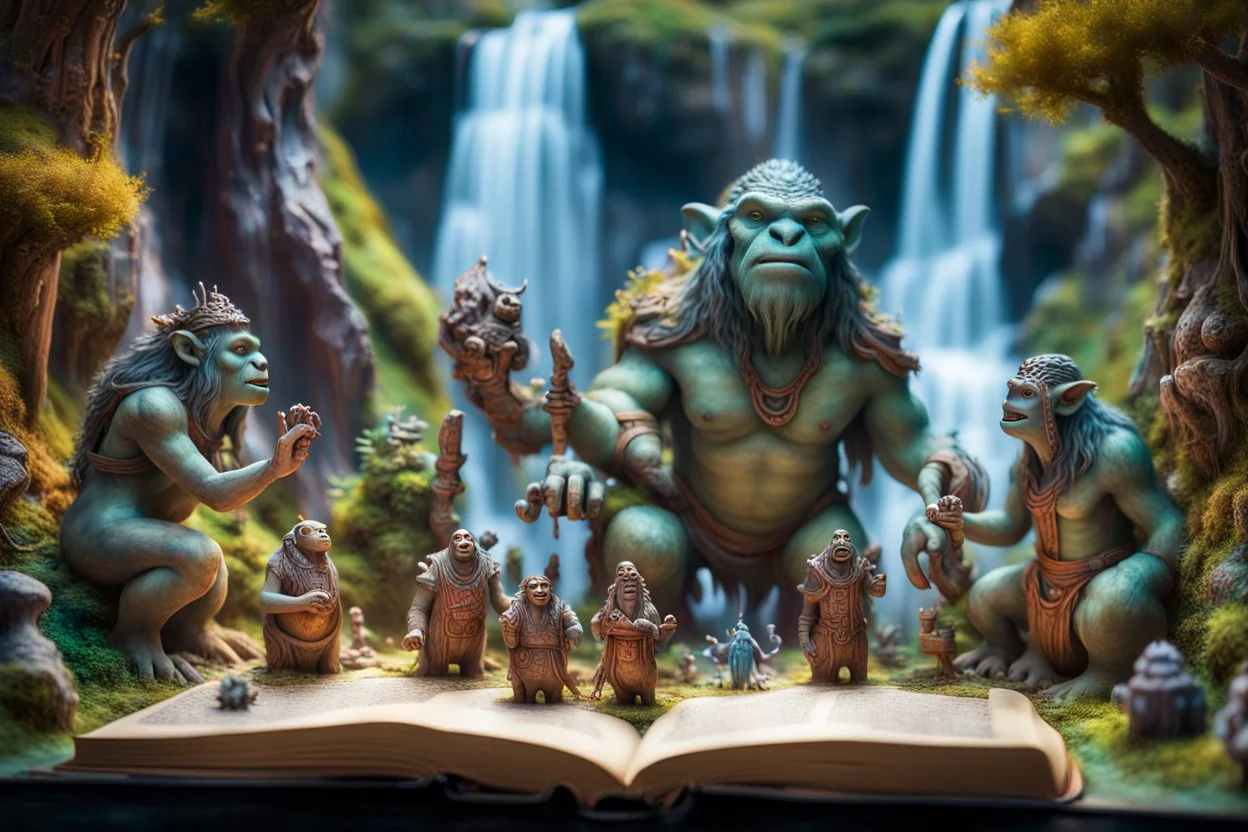 book cover oil painting of archeologists discovering woodland creatures in Rivendell worshipping big fat alien troll statues with many head and idols like from a myth or legend, on a strange planet with weird colors and waterfalls, bokeh like f/0.8, tilt-shift lens 8k, high detail, smooth render, down-light, unreal engine, prize winning