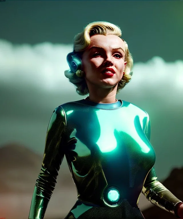 Ultra Realistic retro sci-fi 1960 scene, waist up view portrait, blonde woman, sweet young Marilyn Monroe face, perfect iris, tight latex coat, Strange planet background, Retro sci-fi style latex helmet, fog, rain, soft color, highly detailed, unreal engine 5, ray tracing, RTX, lumen lighting, ultra detail, volumetric lighting, 3d, finely drawn, high definition, high resolution.