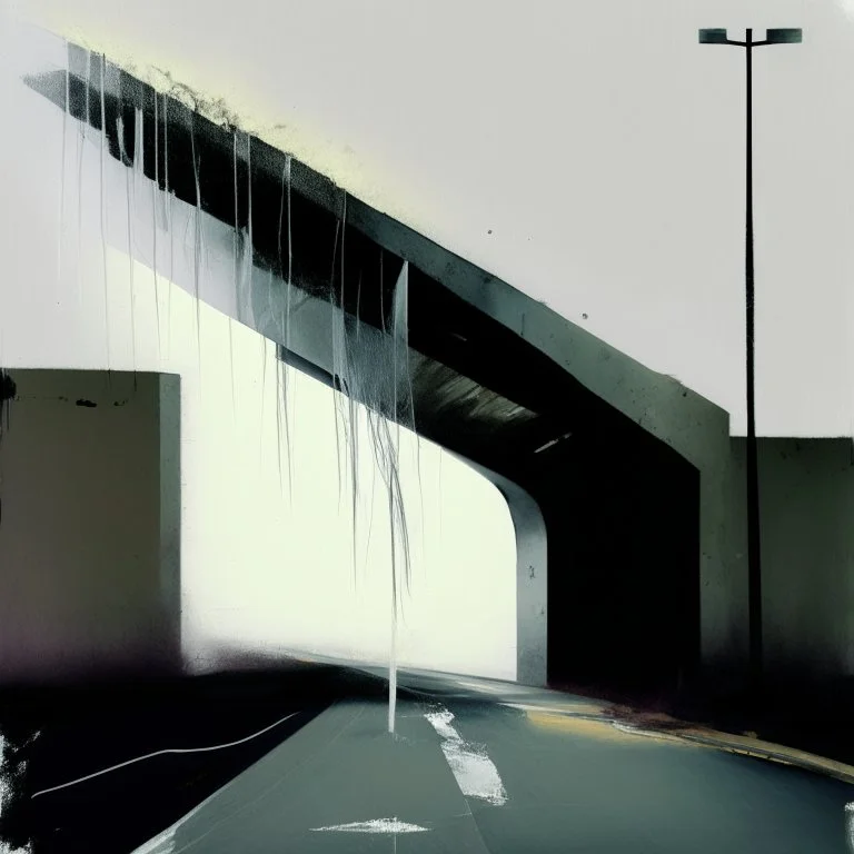 A desolate concrete road with steps to a bridge. In the style of Justin Mortimer and Phil Hale. Minimalist contemporary painting with rough brushstrokes.