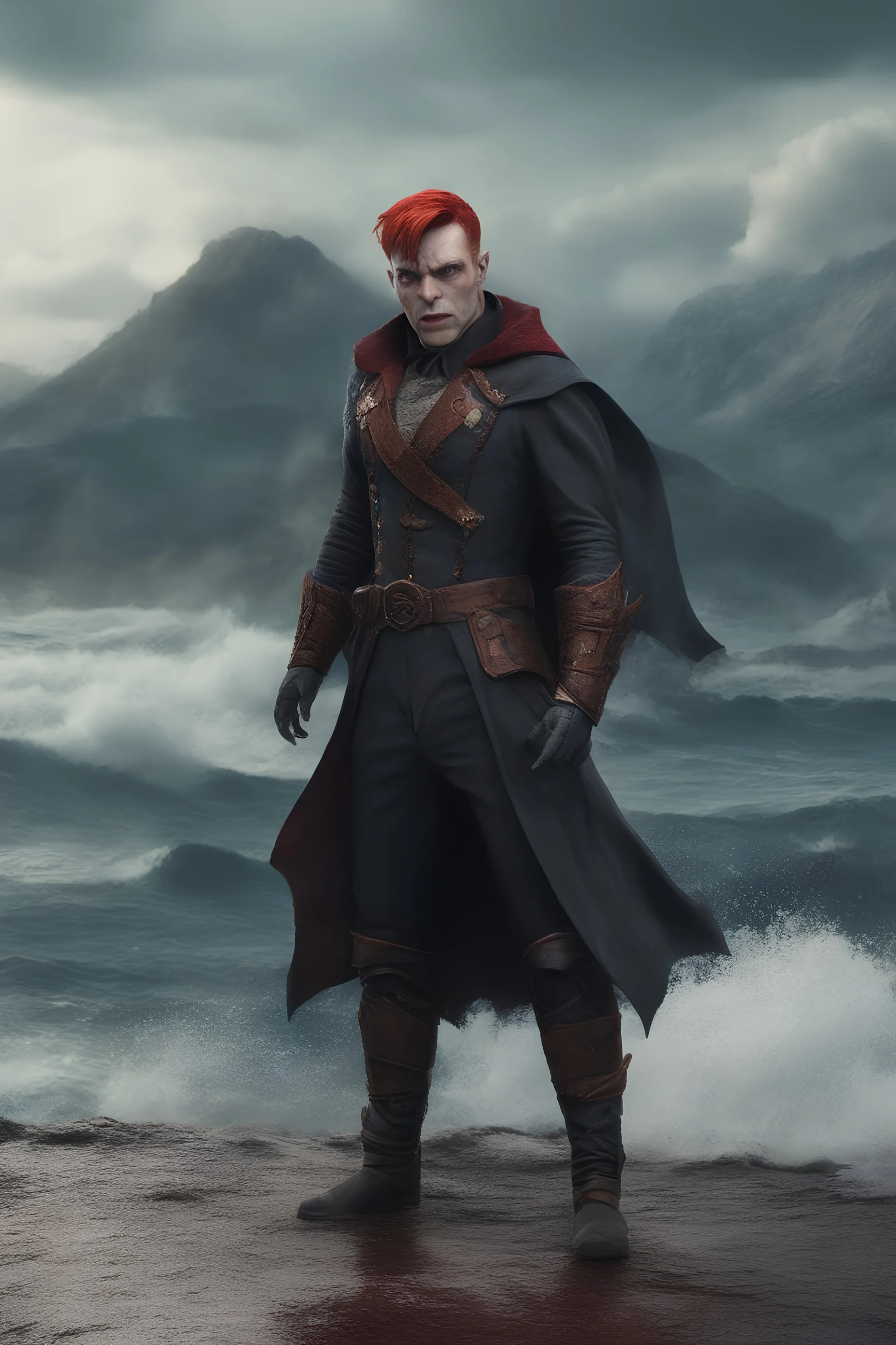 full body, head to toe, 3D, an anthropomorphic vampire bat man, with short, pixie-cut, (((red hair))) tapered on the sides - full color - 32k, UHD, 1080p, 8 x 10, glossy professional quality digital photograph - raging sea and mountains and a ship in the background, historic, powerful, exquisite detail, sharp - focus, ((skin details, high detailed skin texture))