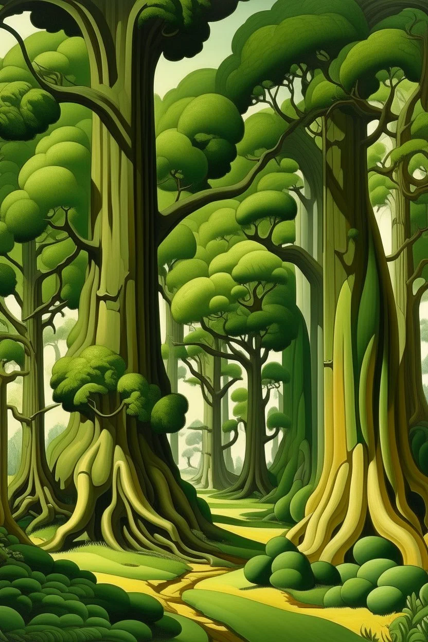 A green forest with giant trees painted by Thomas Hart Benton