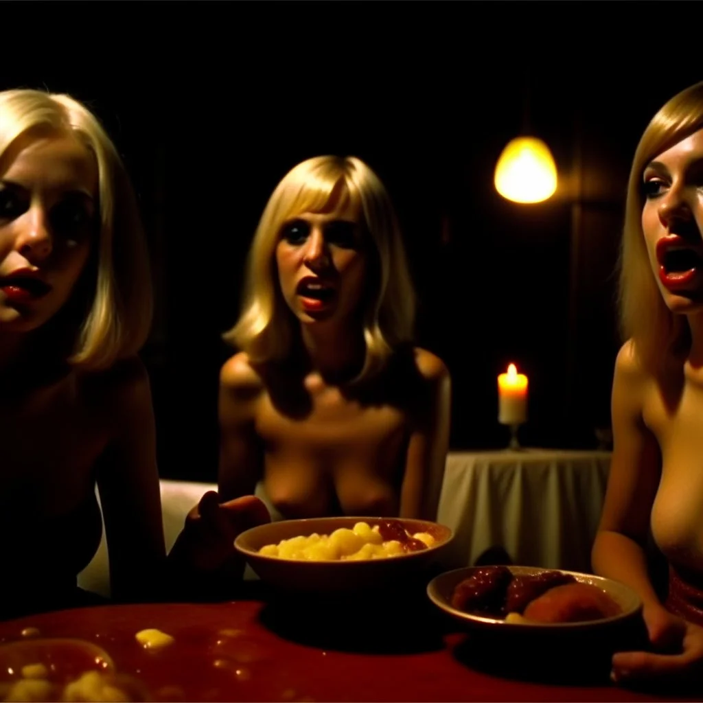 Horror movie shot, spooky, very hot, ultra realistic hot dine, ultra realistic hot blonde women, hot party, pieces of meat, they enjoy, organs, ail, dynamic, very excited people, hypermaximalist figures, light, 1970's Italian horror movie, sinister,, Dario Argento, Stanley Kubrik, ornate, 4k, photorealism