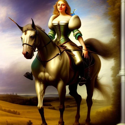 fullbody portrait of beautiful booty busty blonde with big green eyes woman riding a horse by Artemisia Gentileschi 8k