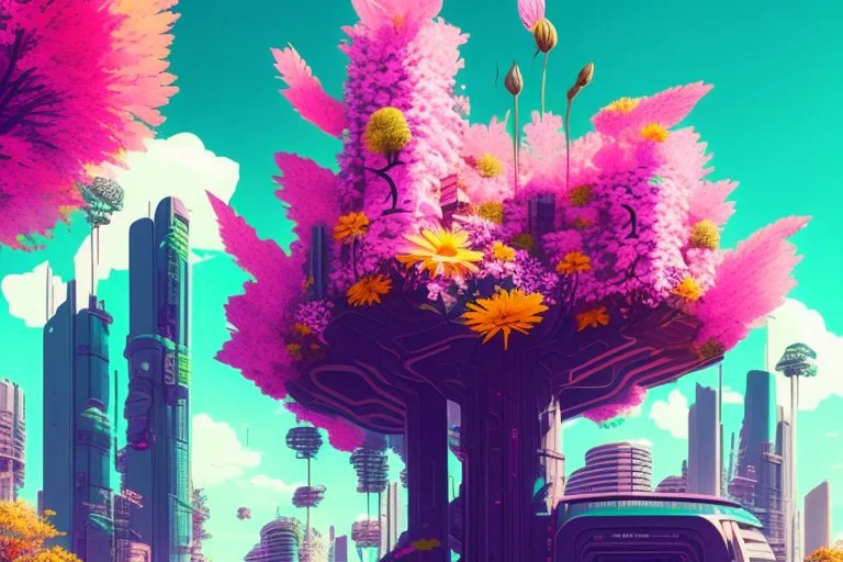 city, flowers, trees, sunny day, spring, sci-fi, cyberpunk influence