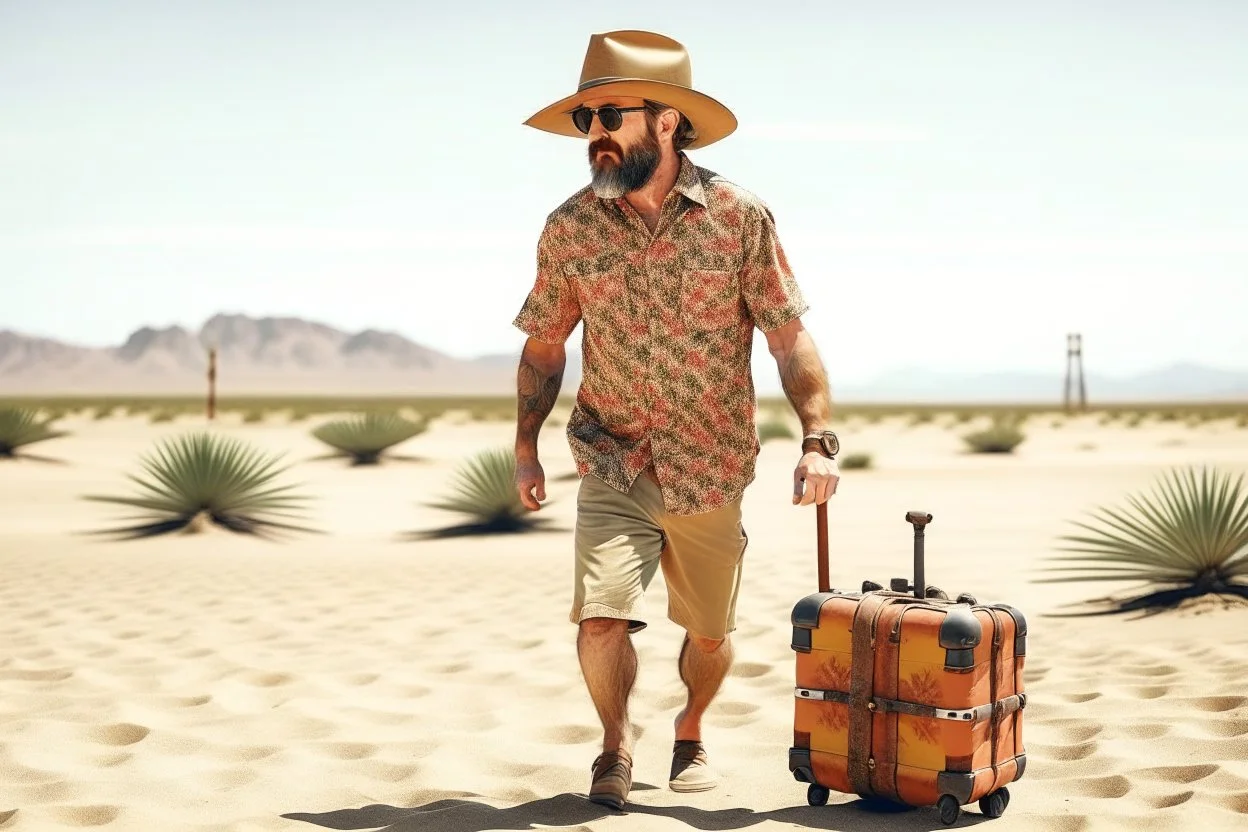 man on holiday, suitcases, explorer hat, Hawaiian shirt and shorts and sandals, in the desert, warm color