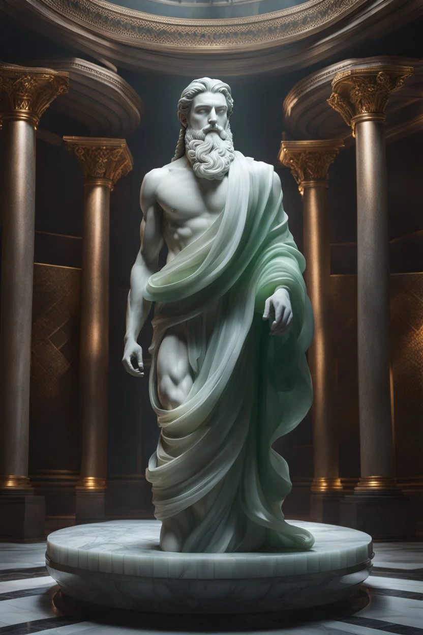 highly detailed marble and jade statue on a plint of a young man. long braided hair and short beard, full body shot, invisible gloves, , volumetric fog, Hyperrealism, breathtaking, ultra realistic, unreal engine, ultra detailed, cyber background, Hyperrealism, cinematic lighting, highly detailed, breathtaking, stunning environment