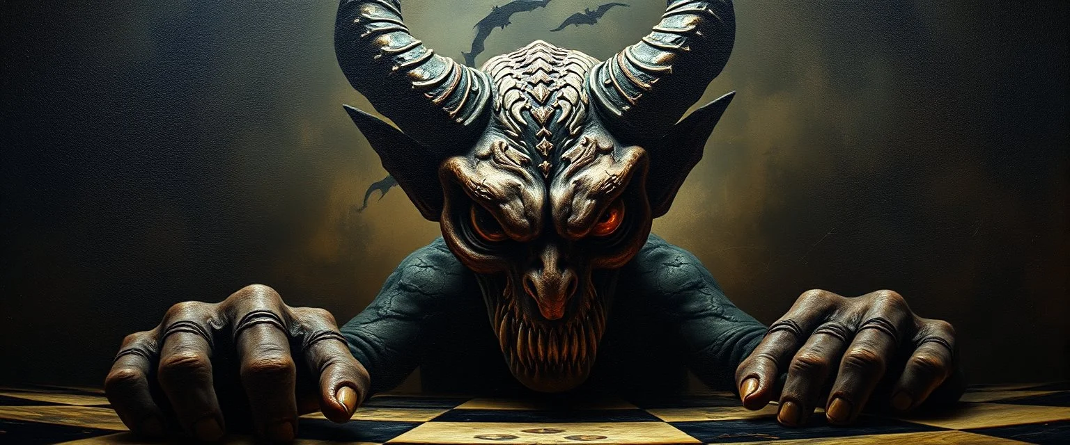 pin hole cam, master oil painting by Rembrandt, realistic rendering one eyed chess demon a sense of depth